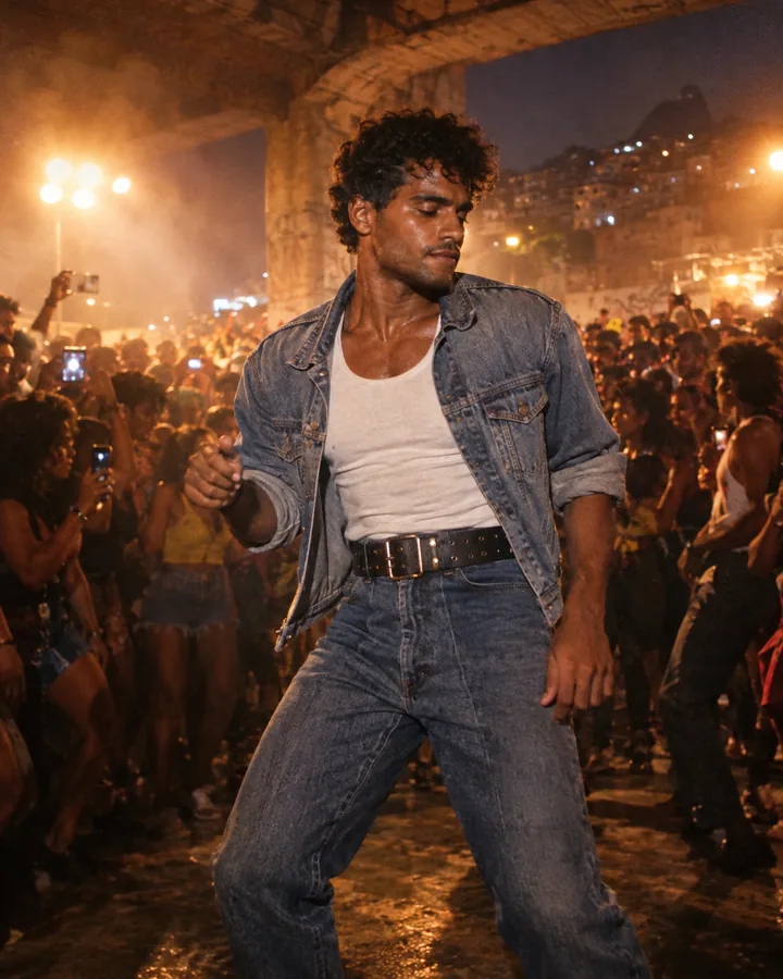 A dancer in a denim jacket and white tank top in a night crowd