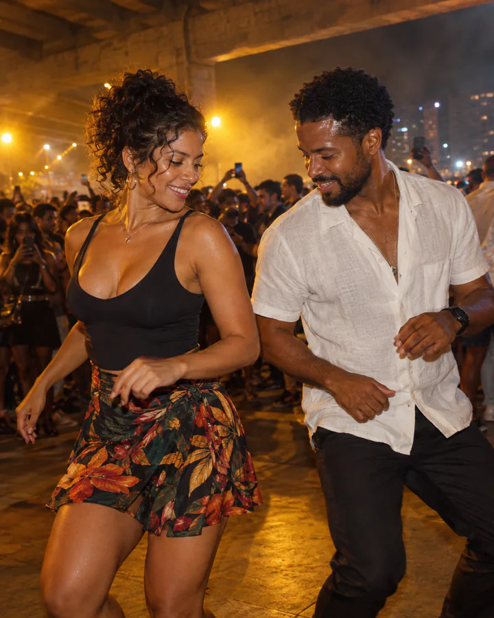 Two adults dancing together in a packed night crowd