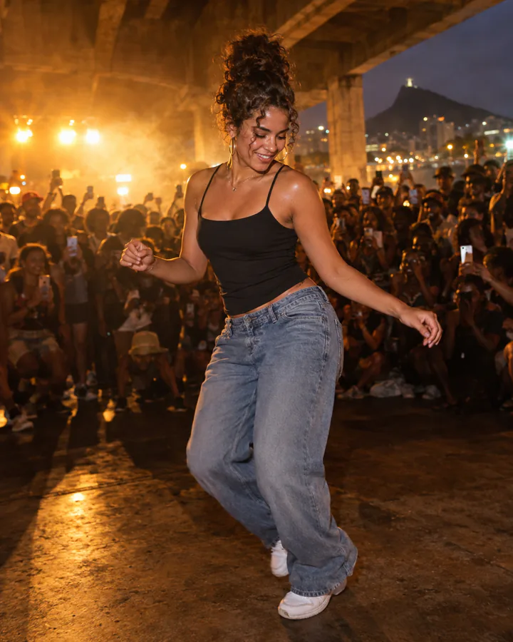 A dancer in a packed night crowd under a Rio viaduct, filmed on a phone