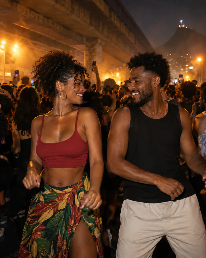 Two friends dancing shoulder to shoulder in a night crowd