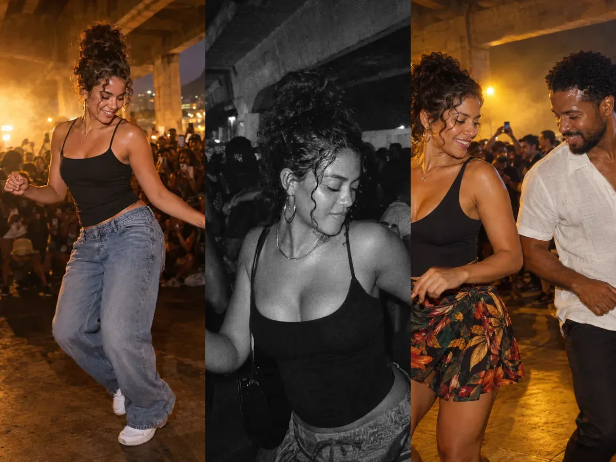 Three AI-generated night scenes of dancers in a packed baile charme under a Rio viaduct