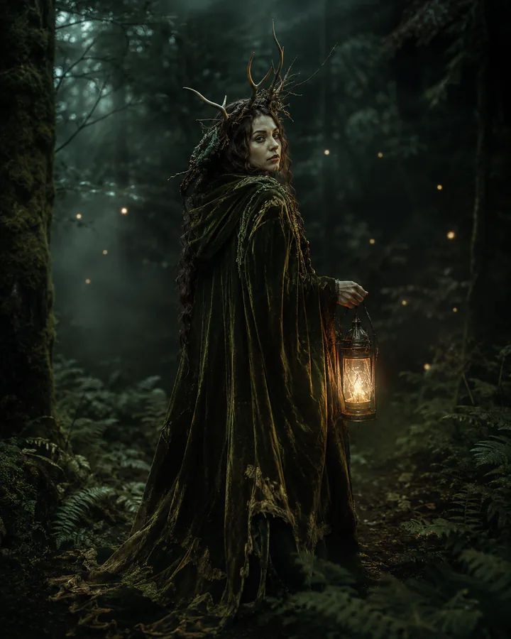 A lantern-lit forest witch in moss-green velvet.