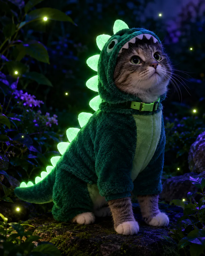 Un disfraz de dinosaurio luminoso para tu mascota.