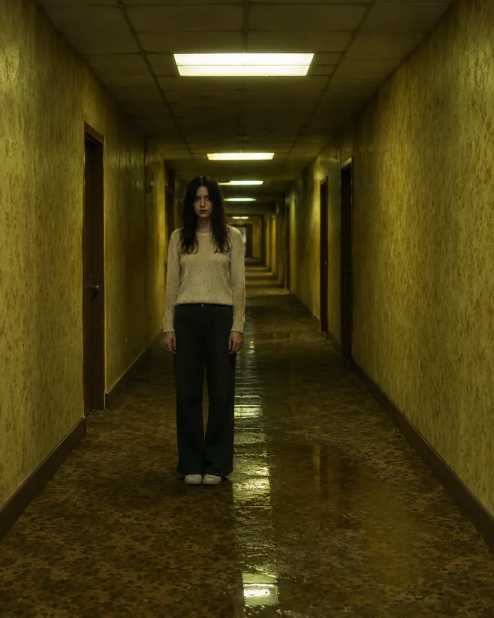 Place a portrait inside an eerie, yellow-lit corridor.