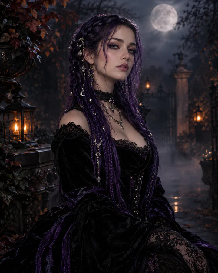 Trenzas violetas y terciopelo gótico bajo un jardín lunar.