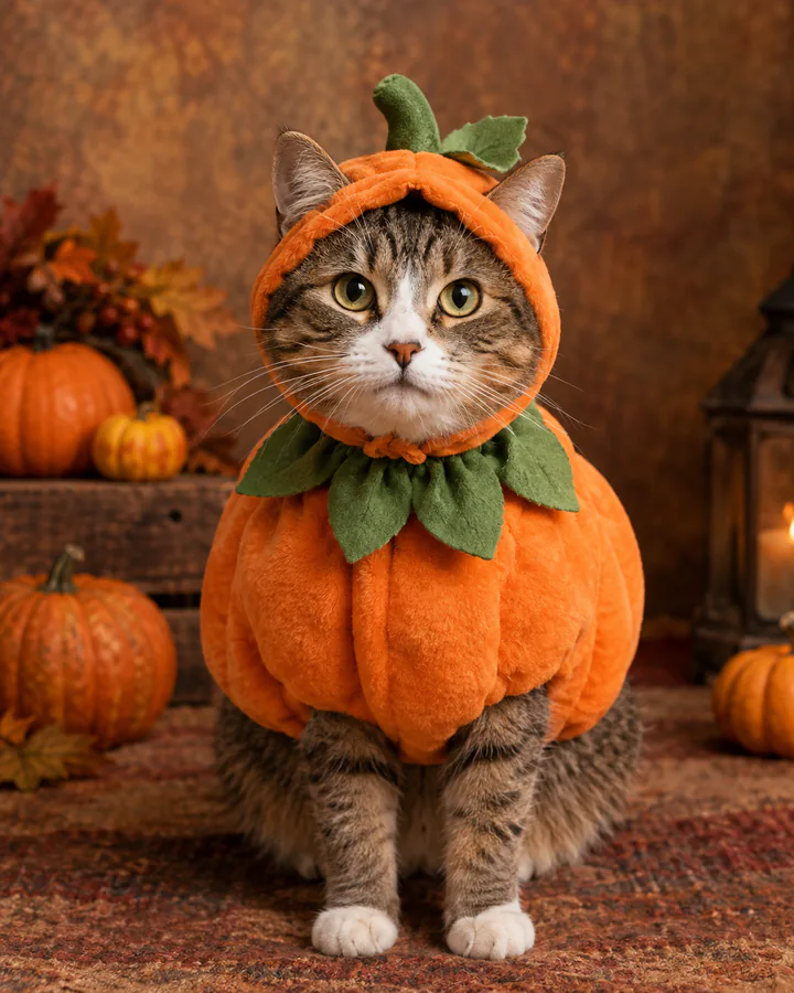 Viste a una mascota con un disfraz de calabaza suave para el otoño.