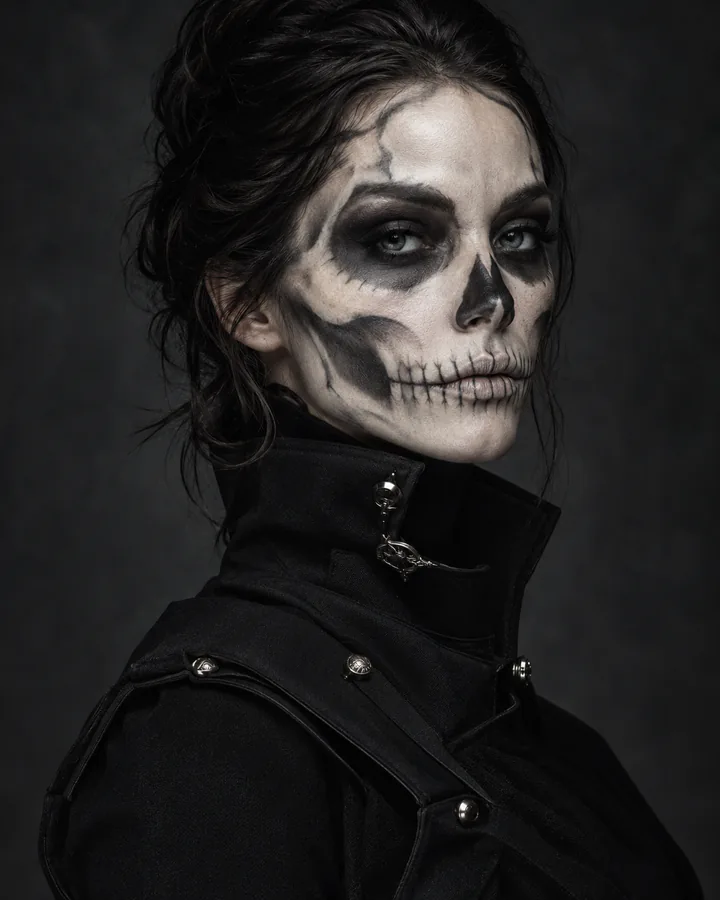 Maquillaje de calavera de alta costura en un estudio humeante.
